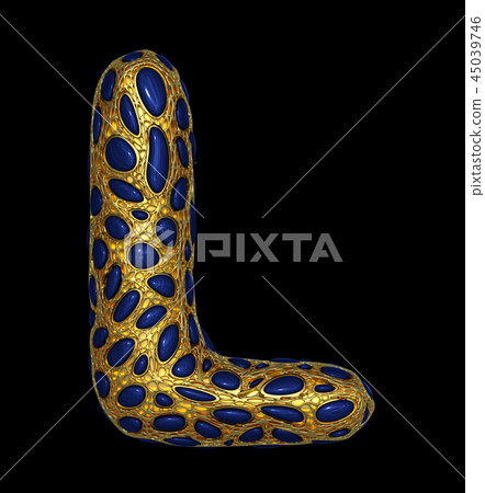 Golden shining metallic 3D with blue glass symbol capital letter L - uppercase isolated on black. 45039746