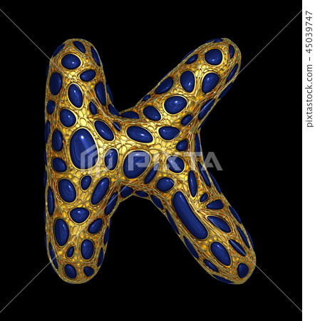 Golden shining metallic 3D with blue glass symbol capital letter K - uppercase isolated on black. 45039747