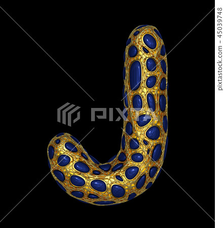 Golden shining metallic 3D with blue glass symbol capital letter J - uppercase isolated on black. 45039748