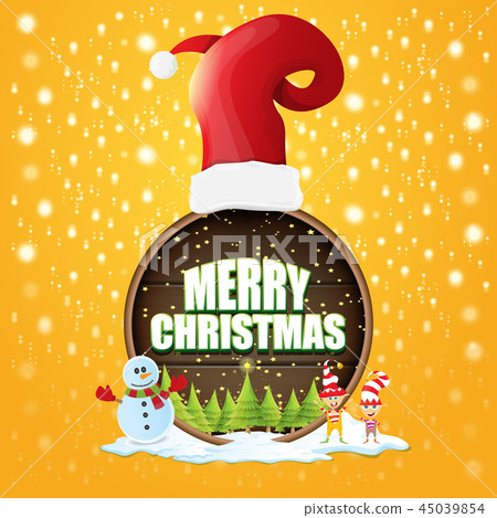 vector Christmas label with red santa hat, tree , snow, cartoon snowman , kids elves and greeting 45039854