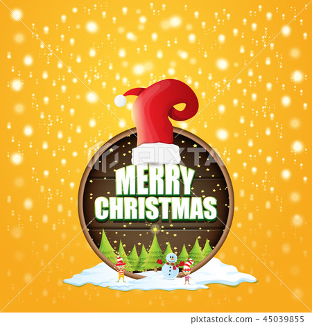 vector Christmas label with red santa hat, tree , snow, cartoon snowman , kids elves and greeting vector Christmas label with red santa hat, tree , snow, cartoon snowman , kids elves and greeting 45039855