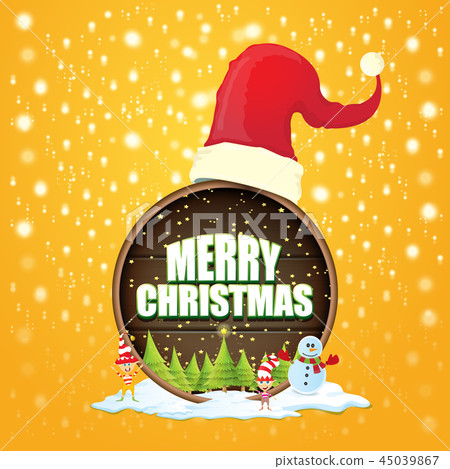 vector Christmas label with red santa hat, tree , snow, cartoon snowman , kids elves and greeting vector Christmas label with red santa hat, tree , snow, cartoon snowman , kids elves and greeting 45039867
