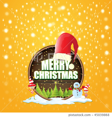 vector Christmas label with red santa hat, tree , snow, cartoon snowman , kids elves and greeting vector Christmas label with red santa hat, tree , snow, cartoon snowman , kids elves and greeting 45039868