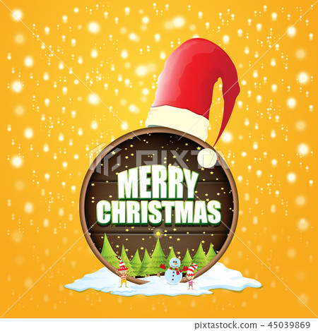vector Christmas label with red santa hat, tree , snow, cartoon snowman , kids elves and greeting 45039869