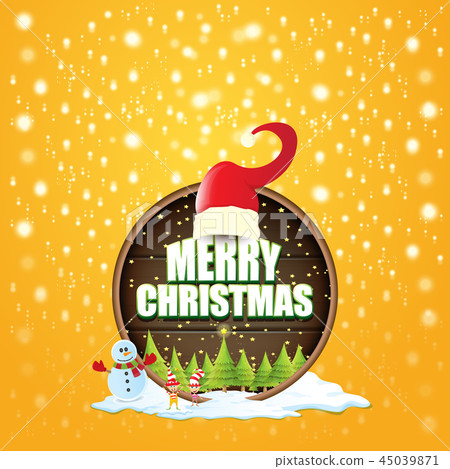 vector Christmas label with red santa hat, tree , snow, cartoon snowman , kids elves and greeting 45039871