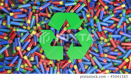 hundreds of colorful batteries and recycle symbol 45041383