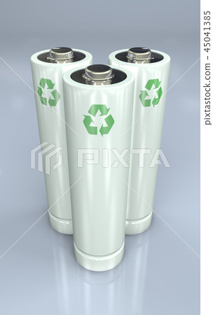 Three white batteries standing with recycle logo 45041385