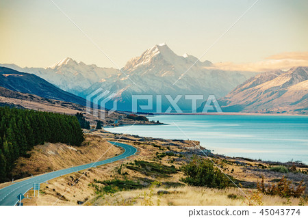 Road to Mt Cook, highest mountain in New Zealand. Road to Mt Cook, highest mountain in New Zealand. 45043774