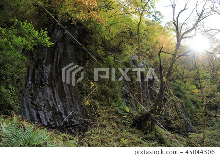 Columnar joints and the downflow weir seen at the end of the Yuhi waterfall trail 45044306