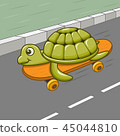 Funny cartoon turtle riding skateboard on the road 45044810