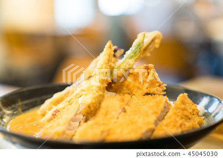 天婦羅，傳統的日式風格。爬行的日本傳統食品。歸還人參，茶，濃熱水，白米飯，綠色蔬菜。健康的日本哲學。 45045030