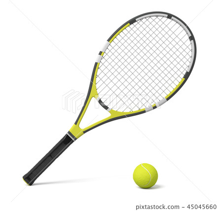 3d rendering a single tennis racquet lying with a yellow ball on white background. 3d rendering a single tennis racquet lying with a yellow ball on white background. 45045660