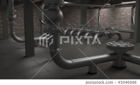 Large industrial boiler, pipes and valves room 3d illustration 45046886