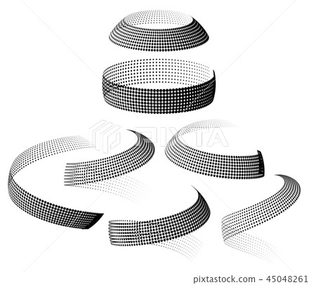 Set of 3D ribbons halftones, distorted in space. Vector stripes of dots. 45048261