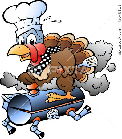Thanksgiving Turkey Chef riding a BBQ grill barrel Thanksgiving Turkey Chef riding a BBQ grill barrel 45049111