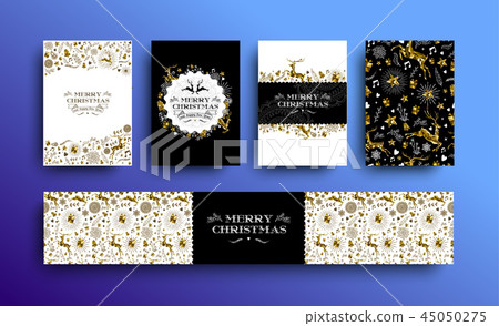 Christmas and New Year gold low poly deer card set 45050275