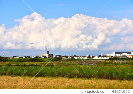 Sagami River river bed horse entrance contact open space and approach road clouds Sagami River river bed horse entrance contact open space and approach road clouds 45051602