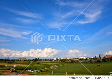 Sagami River river bed horse entrance contact open space and approach road clouds Sagami River river bed horse entrance contact open space and approach road clouds 45051603