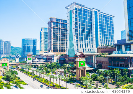 China, Macau - September 11 2018 - Beautiful luxury exterior architecture building of hotel resort in macau city skyline 45054379