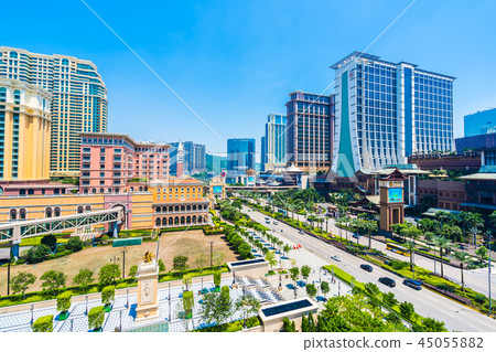 China, Macau - September 11 2018 - Beautiful luxury exterior architecture building of hotel resort in macau city skyline 45055882