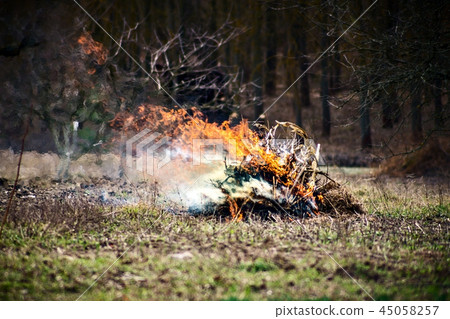 Fire which burned stick and leaves background 45058257
