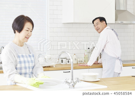 Washing dishes, kitchen, couple 45058584