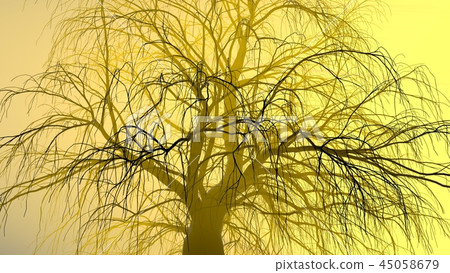 Lonely tree without leaves in fog or mist lit by bright orange sun god rays . 3d illustration 45058679