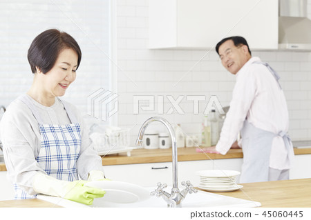 Washing dishes, kitchen, couple 45060445