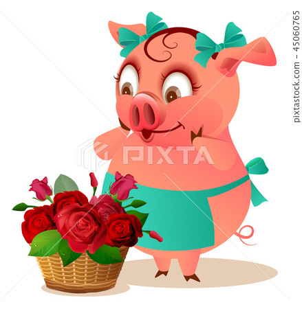 Pig housewife female and large basket of flowers 45060765