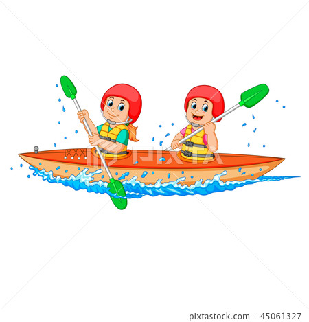 Boy And Girl Paddling With Canoe Stock Illustration 45061327 Pixta