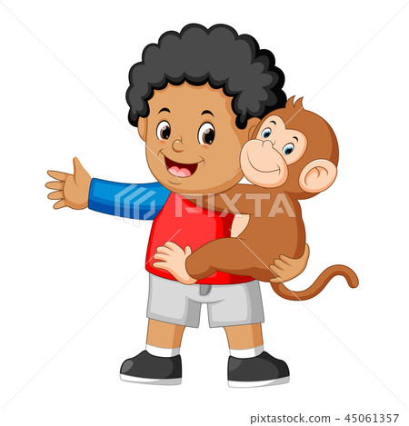 a little boy holding a funny monkey a little boy holding a funny monkey 45061357