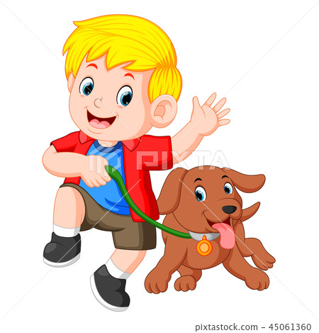 Little boy running with dog 45061360