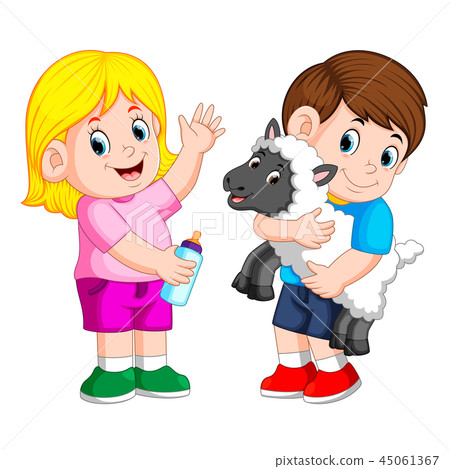 young girl holding baby milk bottle and boy plays  45061367
