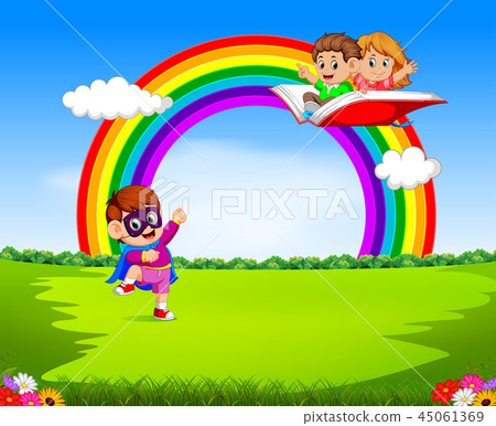 a boy wearing superhero costume with kids flying  45061369