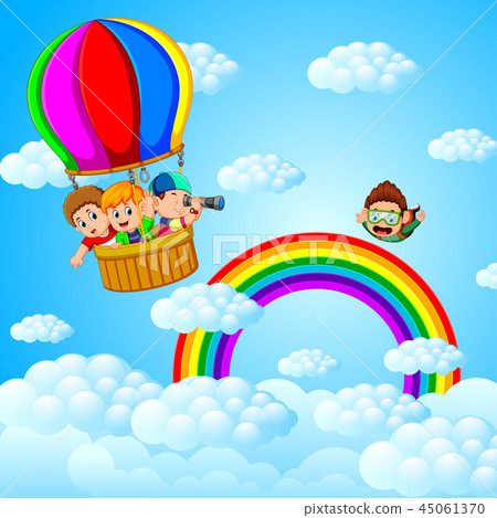 happy kids flying in a hot air baloon and skydiver happy kids flying in a hot air baloon and skydiver 45061370