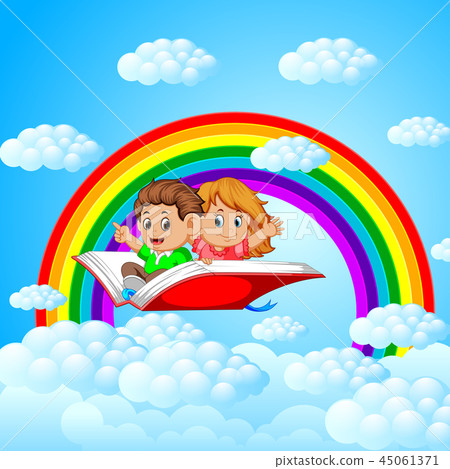 happy kids flying on big open book with rainbow happy kids flying on big open book with rainbow 45061371