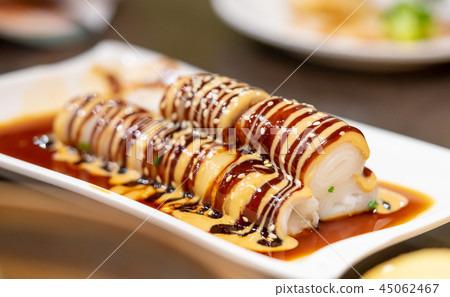 Chinese rice noodles roll with sweet sesame sauce Chinese rice noodles roll with sweet sesame sauce 45062467