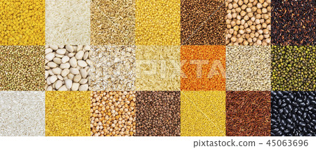 Pattern of different cereals, grains, rice and beans backgrounds Pattern of different cereals, grains, rice and beans backgrounds 45063696