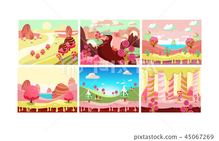 Candy land, bright sweet fantasy landscape elements vector Illustration on a white background Candy land, bright sweet fantasy landscape elements vector Illustration on a white background 45067269