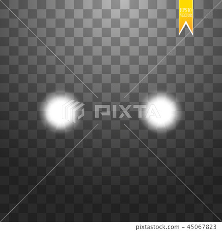 Realistic white glow of round beams of car headlights, isolated against a background of transparent Realistic white glow of round beams of car headlights, isolated against a background of transparent 45067823