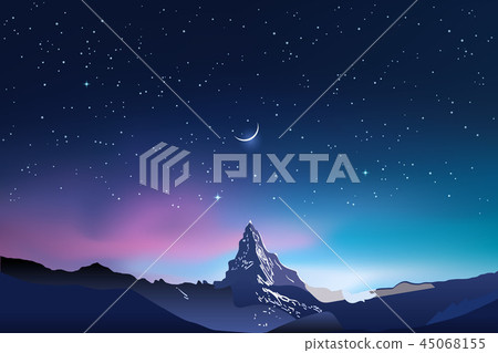 Snowy mountains, pink and blue night sky landscape with stars Snowy mountains, pink and blue night sky landscape with stars 45068155