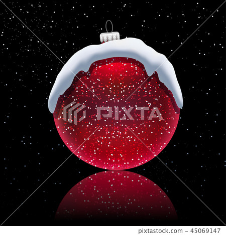 Christmas Red Ball with snow cap on black Christmas Red Ball with snow cap on black 45069147