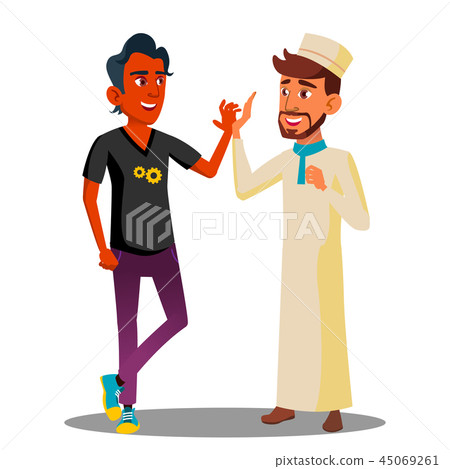 Two Teenagers Giving Five To Each Other, Arab, Indian Guy Vector. Isolated Illustration 45069261