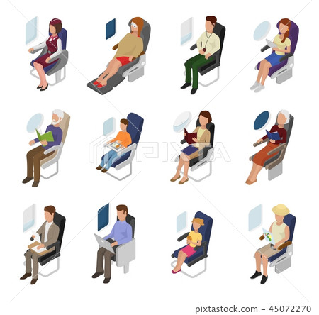 Airplane passenger vector people businessman woman character sitting in plane near window Airplane passenger vector people businessman woman character sitting in plane near window 45072270