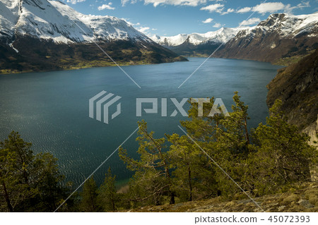 Panorama of Norwegian fiord in springtime 45072393