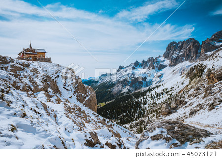 First snow in Dolomites, Rosegarten, refugio Vajolet. Beauty world 45073121
