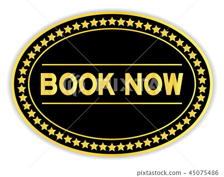 Gold and black oval sticker with word book now  45075486