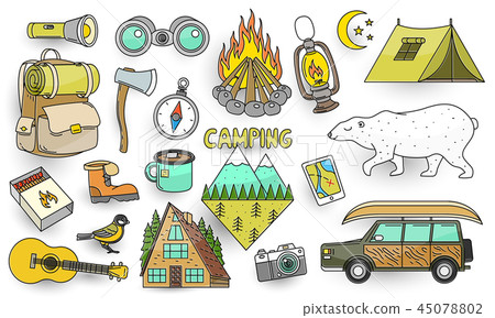 Set of cute camping elements. Stickers, doodle pins, patches. Equipment in forest. Mountain, fire 45078802