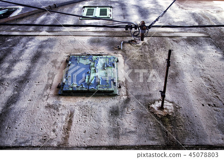 antique window with wooden shutters in the wall 45078803