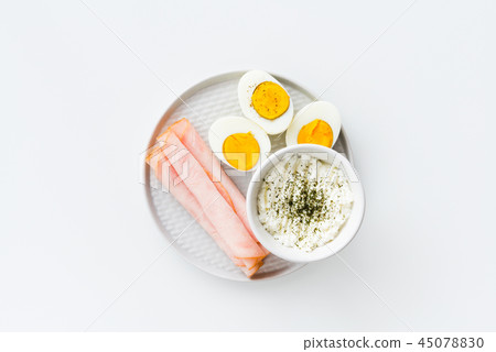 Healthy breakfast. Boiled eggs, ham and cheese 45078830